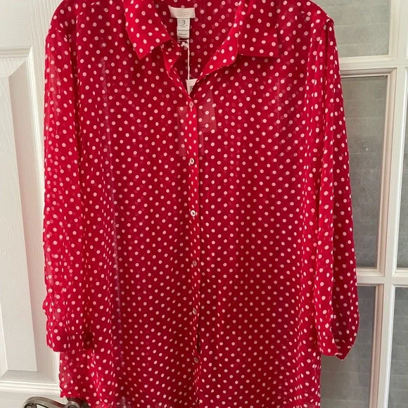 Chico's Scarlet and White Polka Dot Blouse - Picture 2 of 5